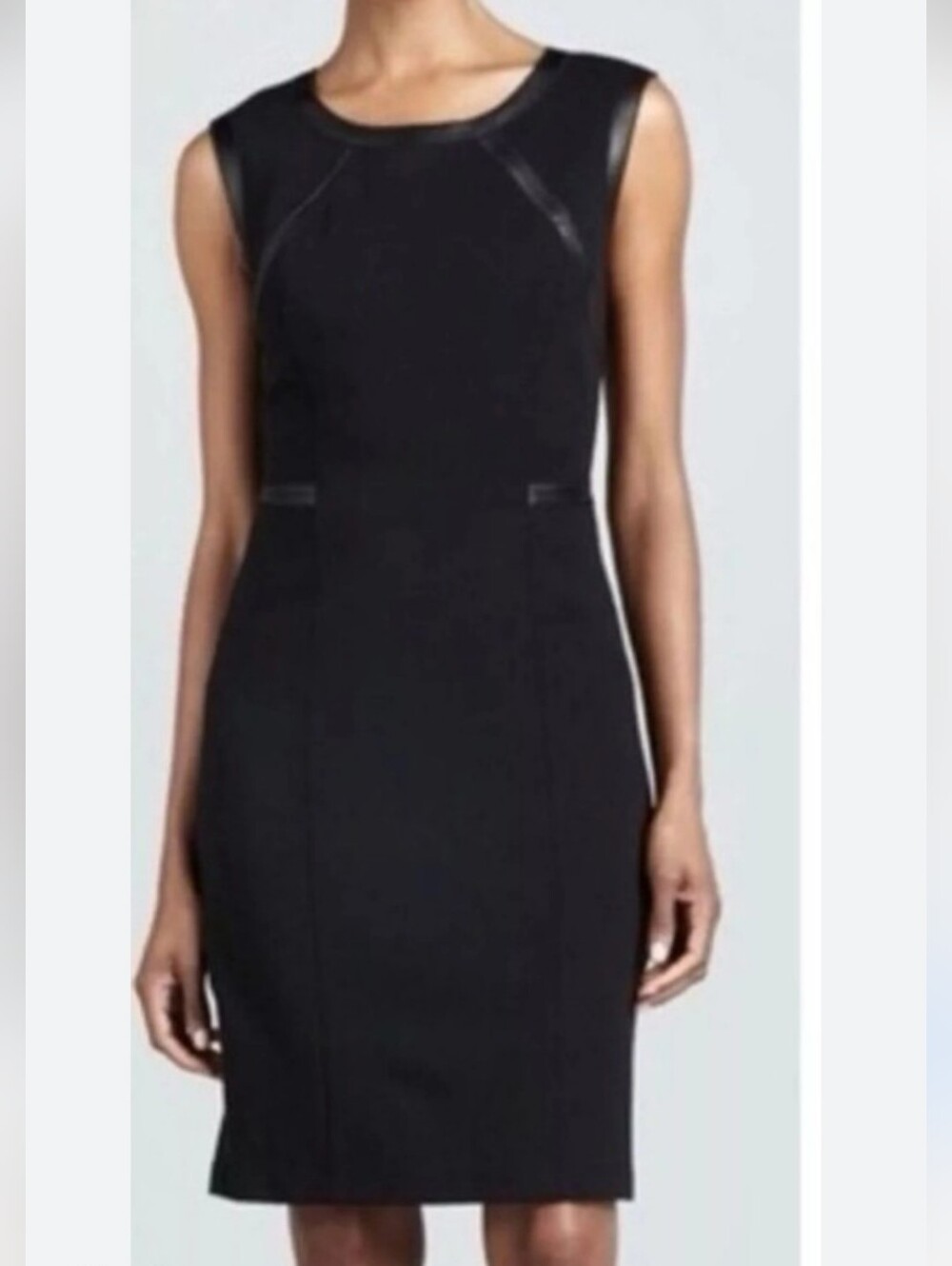 Lafayette 148 New York Sleeveless Black Sheath Dress with Leather Trim 8